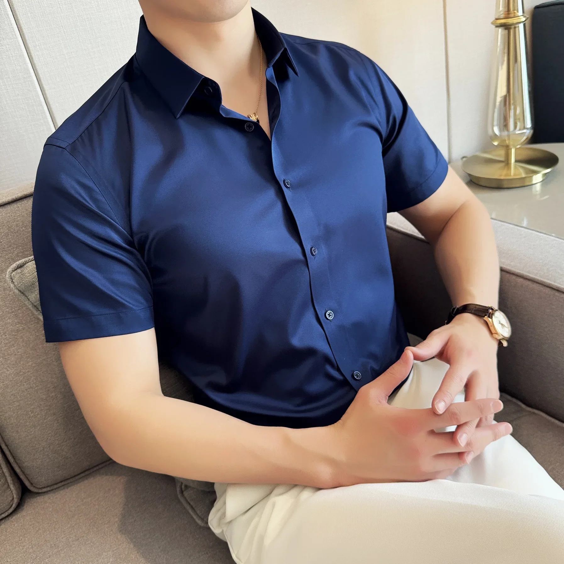 

S~6XL increase luxury summer mercerized satin short sleeve shirt ice silk cool half sleeve solid color business casual men shirt