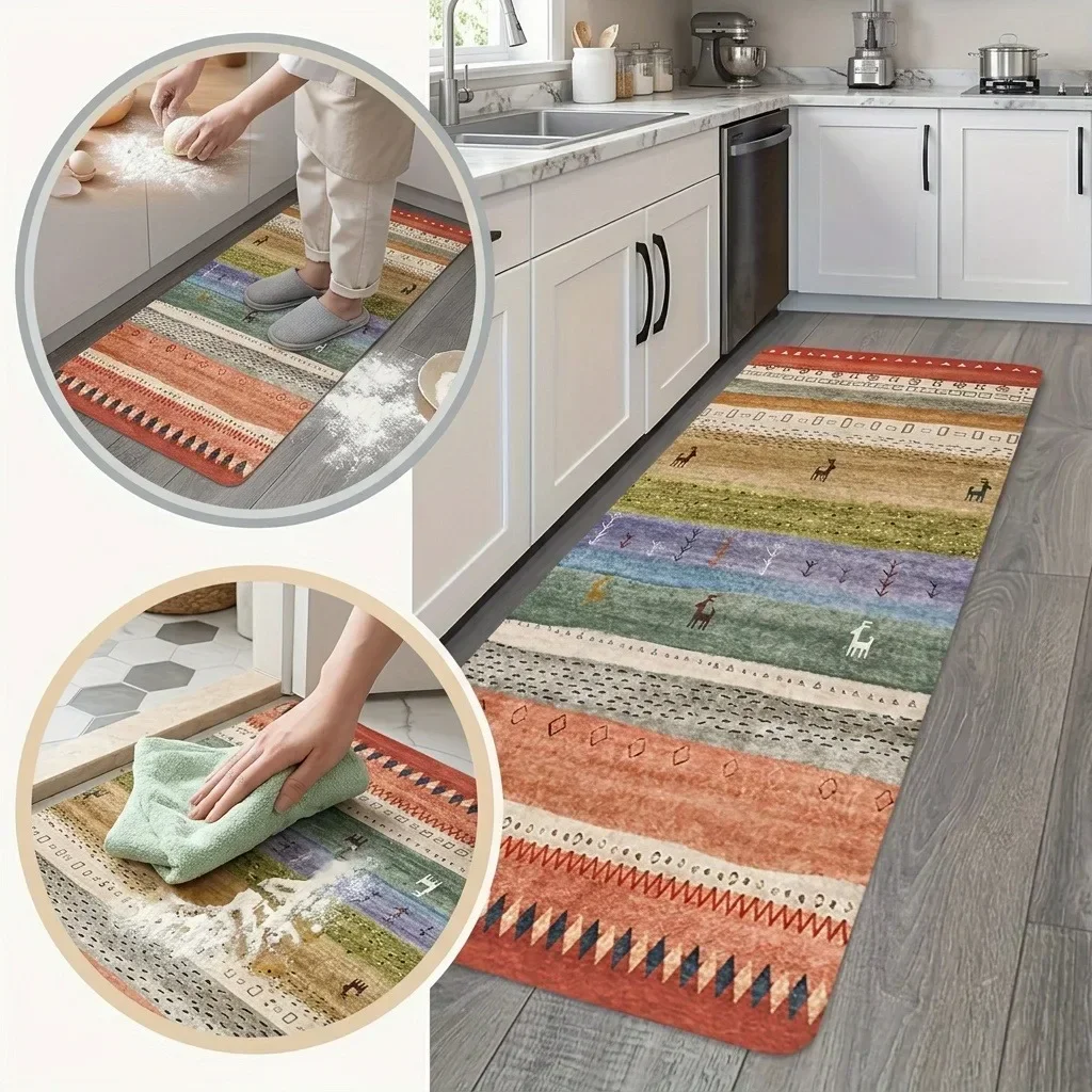 Boho Ethnic Deer Striped Kitchen Runner Rug, Non Slip Washable Low Pile Floor Mat for Hallway Entryway Decor Long Area Rug