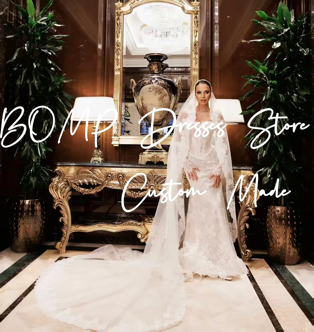 Suknia ślubna BOMP w stylu vintage, biała koronka, dekolt w serduszko, odkryte ramiona, długie rękawy, plisowana, krój syreny, suknia ślubna szyta na miarę, Vestido de novia