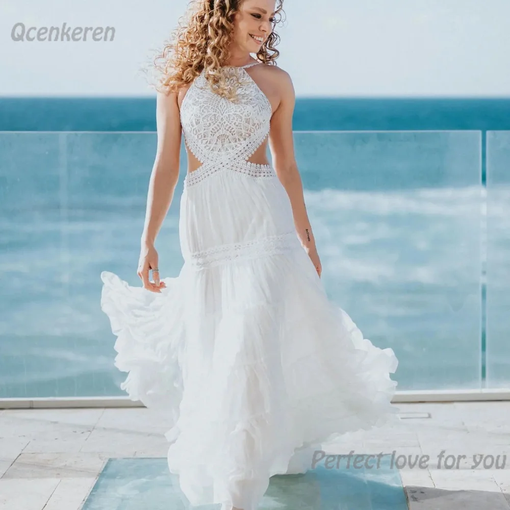 

Qcenkeren A-Line vestidos de novia Halter Elegant Appliques Backless Tiered Tulle Bridal Gown Wedding Dress For SA Women 2024