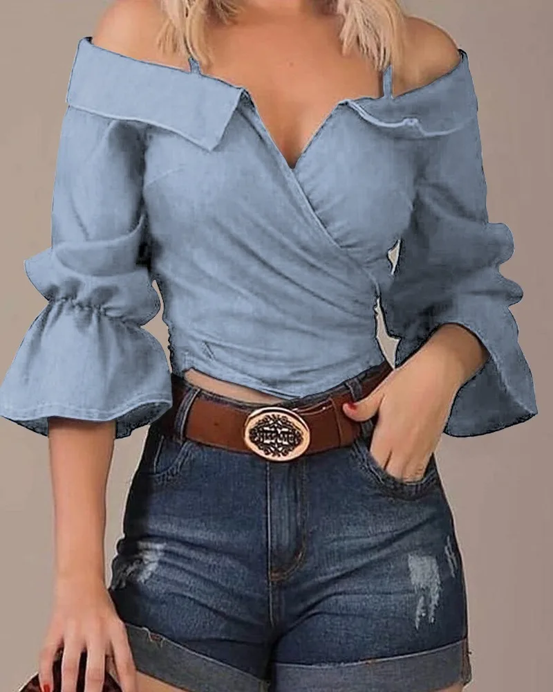 Summer Women Top Fashion Off Shoulder Drop Long Sleeve Blouse Chic Elegant Shirring Tops