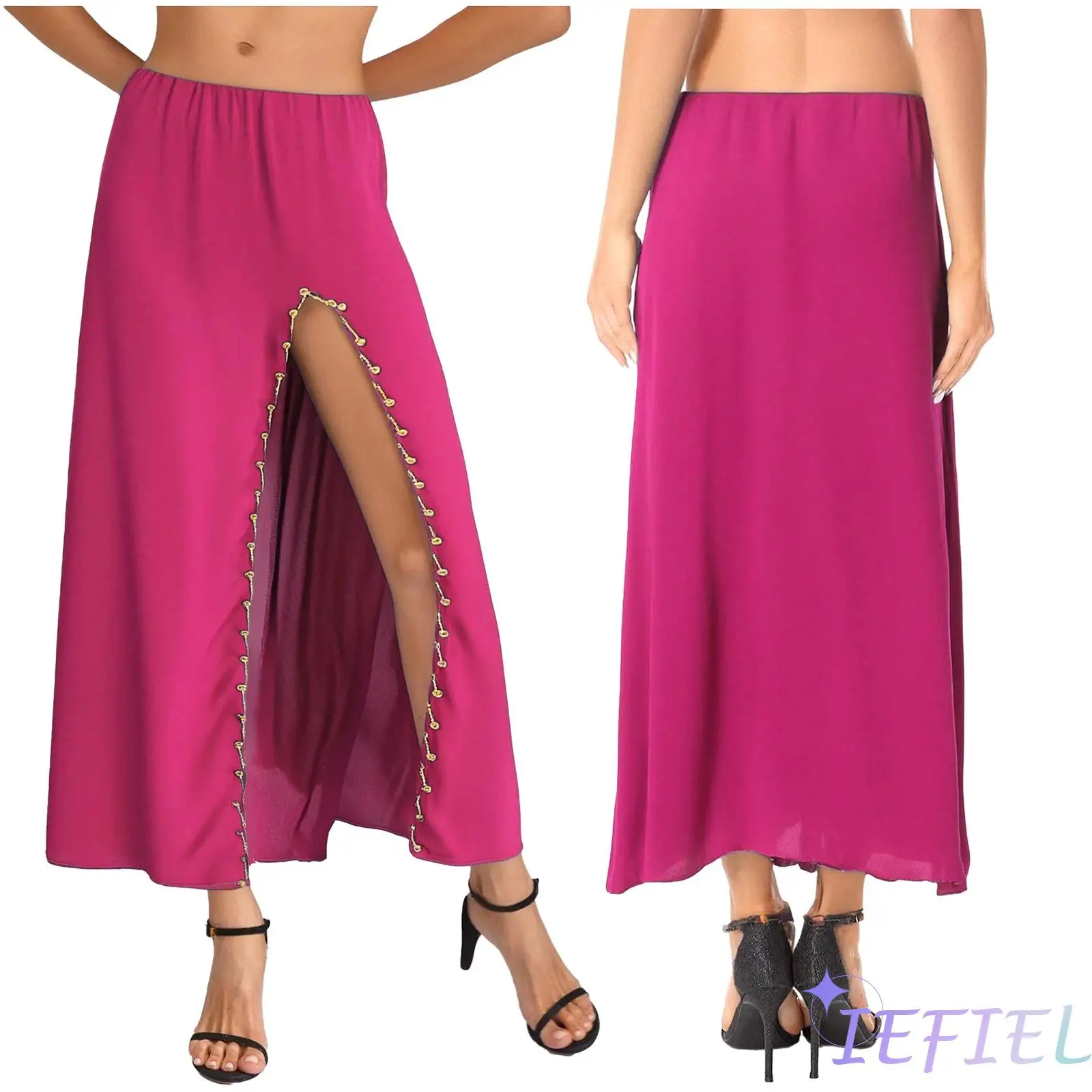 

Womens Belly Dance Professional Split Skirt Elastic Waist Plastic Beads Trim Dancing Skirt for India Belly Latin Ethnic Dance