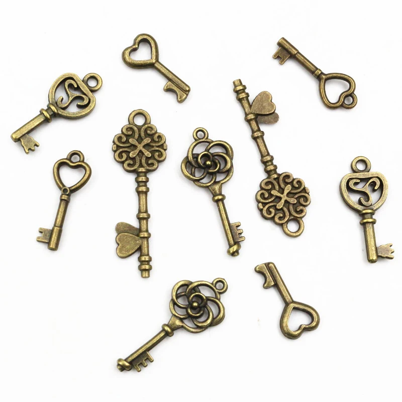 40pcs Key Charms Pendants Antique Bronze plated  Metal Retro Slower Heart Keys Charm DIY Jewelry Making Accessories Necklace