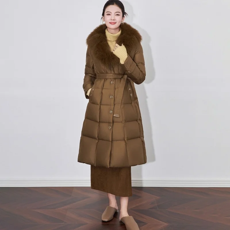 Winter neue Damen weiße Gänsedaunen verdickte warme Daunenjacke mit Kapuze Y2K hochwertiger Fuchspelzkragen mittellanger warmer Mantel 2025