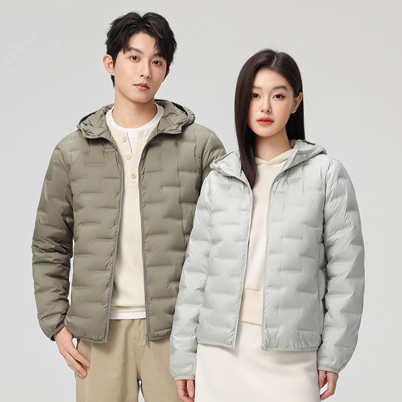 Men Women Lightweight Down Jacket, Outdoor Sports Hooded Puffer Coat, Fleece Lined Warm Parka