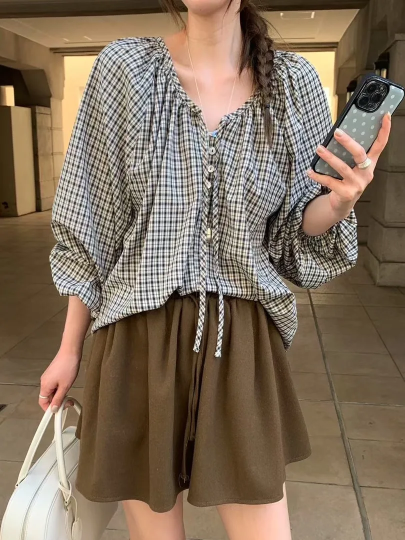 レトロな格子縞のサロングスベ レディース イルト スウィート ランタン スベ トップス 初秋の新作 韓国風 スレ エレ スモール イルト
