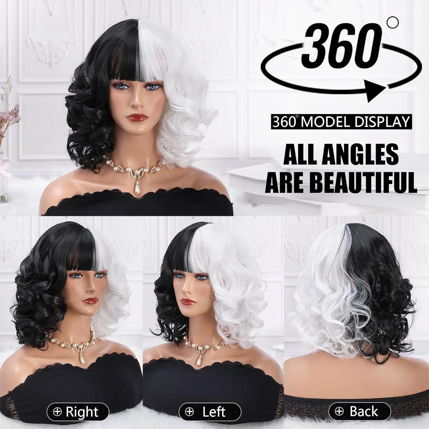 شعر مستعار أبيض وأسود للفتيات قصير مجعد نصف أسود نصف أبيض شعر مستعار للهالوين كرويلا ديفيل زي تنكري اصطناعي #4