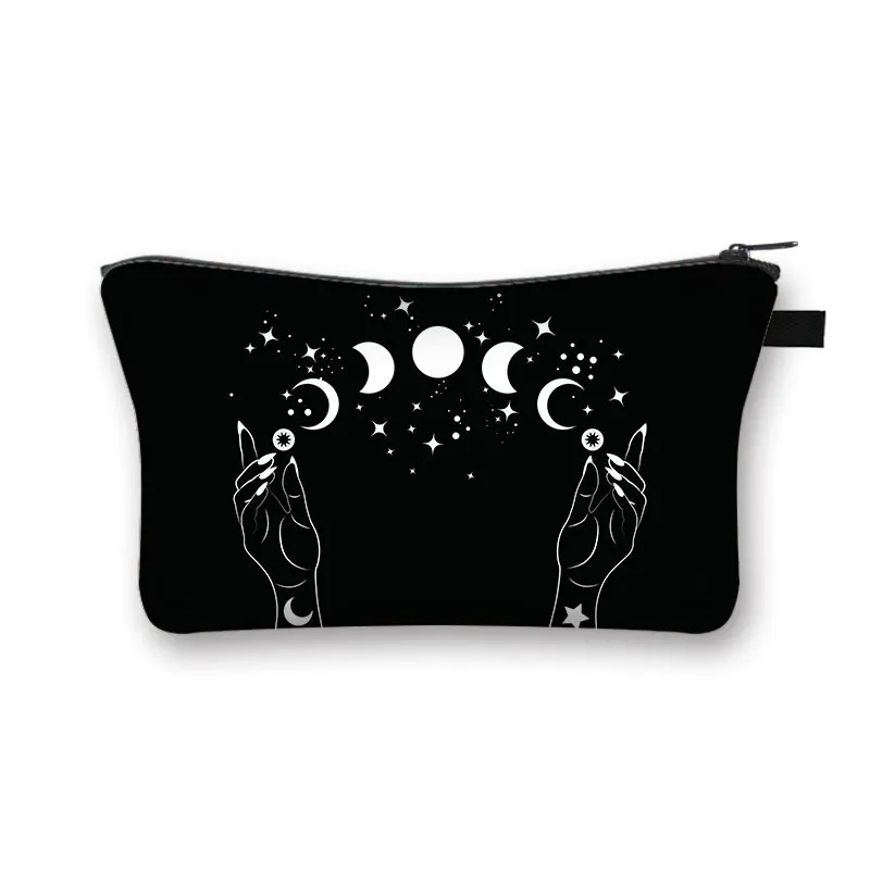 Witchy Woman Cosmetic Case with Moon Star Makeup Bag Magical Hat Furnace Moon Cat Storage Organizer Witchcraft Cosmetic Bags