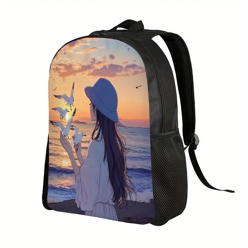 

Seaside Girl Bird Feeding Backpack - Pastel Sunset Travel Bag, Adjustable Strap and Zipper Closure, Suitable for School