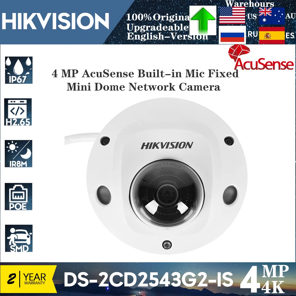 

Original Hikvision 4MP H.265 IR8m POE IP Camera DS-2CD2543G2-IS Audio I/O Surveillance CCTV IP WDR IR Mini Dome Network Camera