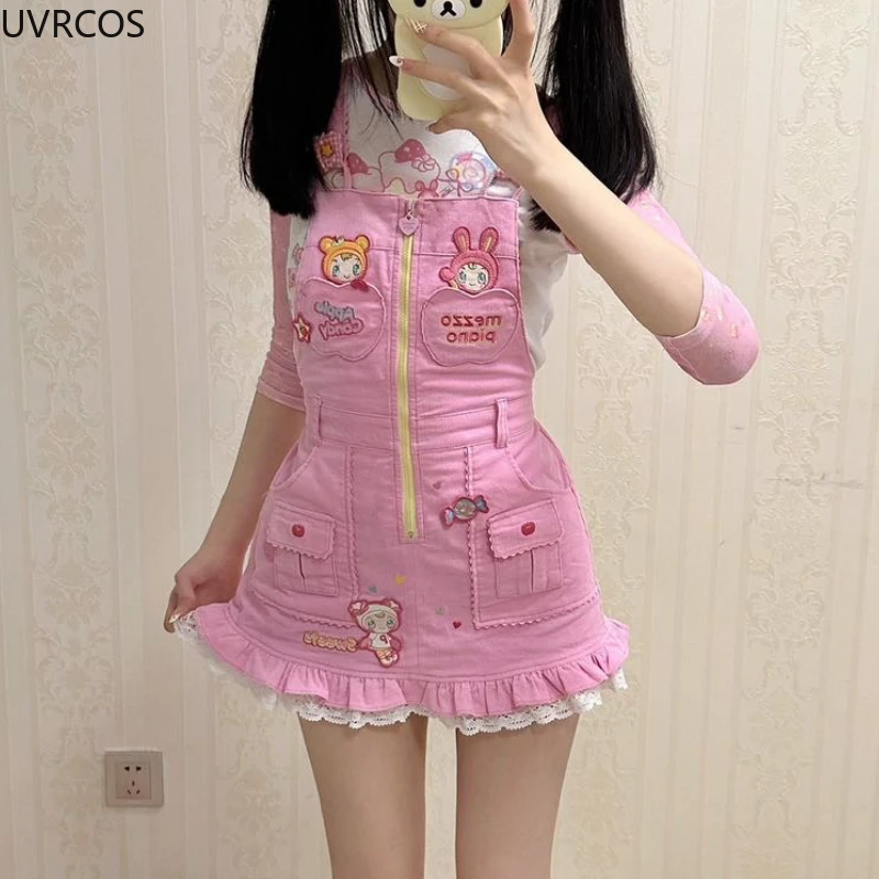 Sweet Lolita Style Strap Dress Women Cute Bunny Cartoon Embroidery Kawaii Party Mini Dress Female Korean Fashion Princess Dress