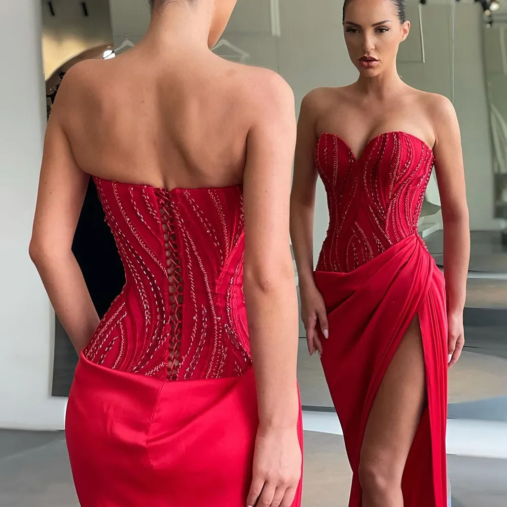 Vestidos De Noche rojos sin tirantes personalizados, vestido De baile sin mangas con cuentas sexys De lujo, vestido De fiesta elegante, batas De Soirée Retro 2024