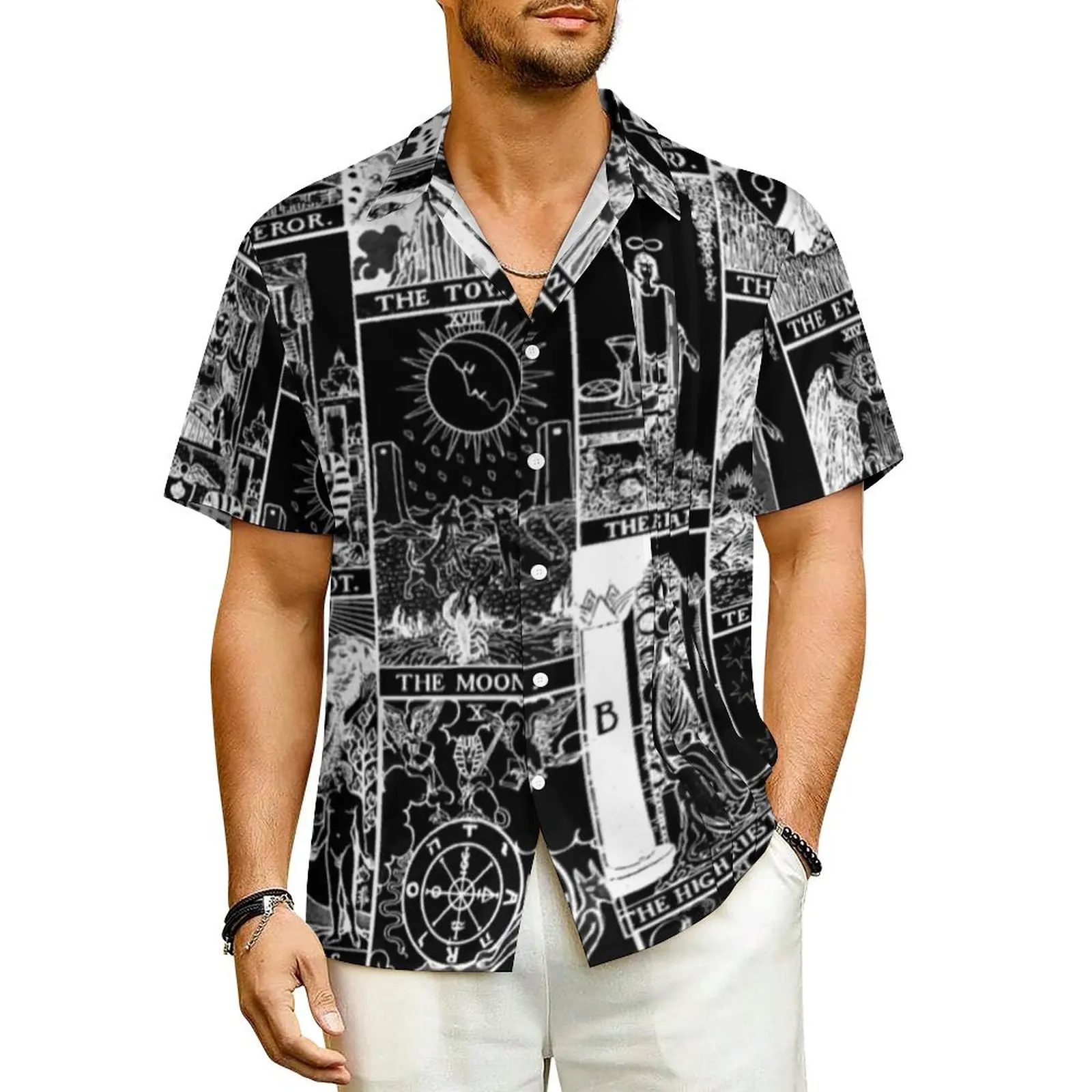 Tarot Patchwork Casual Shirt Black And White Print Elegant Summer Shirts Mens Short-Sleeved Beach Funny Pattern Oversize Blouses