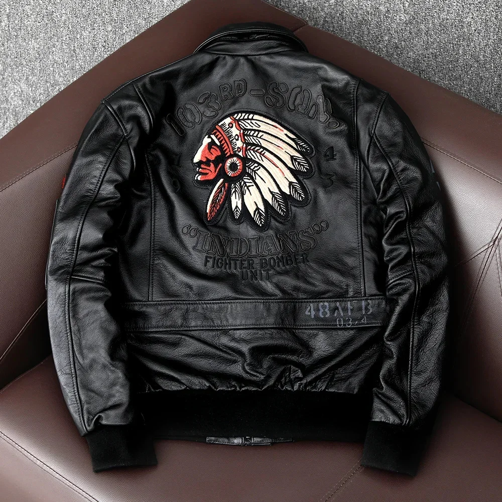 2025 Bomber Spring Men's Genuine Leather Jackets Indian Embroidery Cowhide Air Force 1 Jacket Motorcycle 100% Coat Male