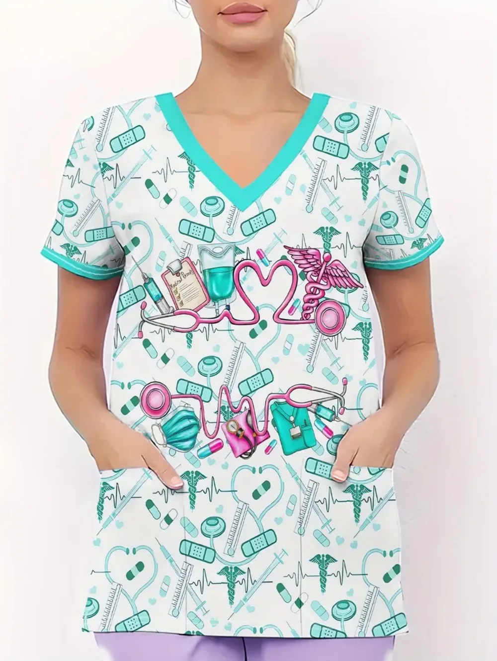 Uniforme de enfermera para mujer, bata de dentista con estampado rosa y lazo a la moda, moda de verano para mujer, manga corta con cuello en V y bolsillos, uniforme clínico