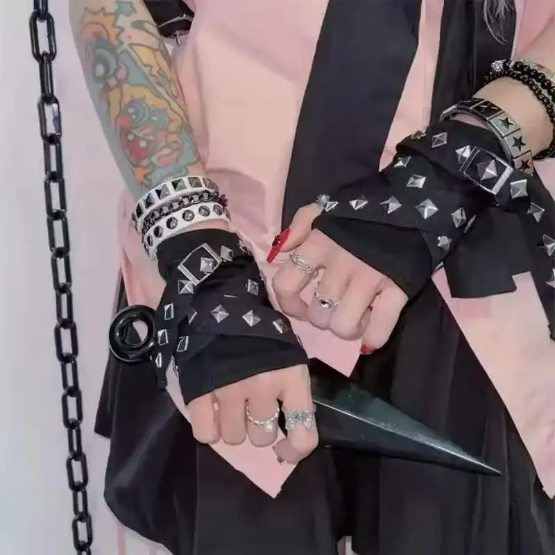 

Fashion Rope Cross Rivet Gloves Hip hop Korean Style Fingerless Gloves Punk Gothic Short Arm Warmer Streetwear