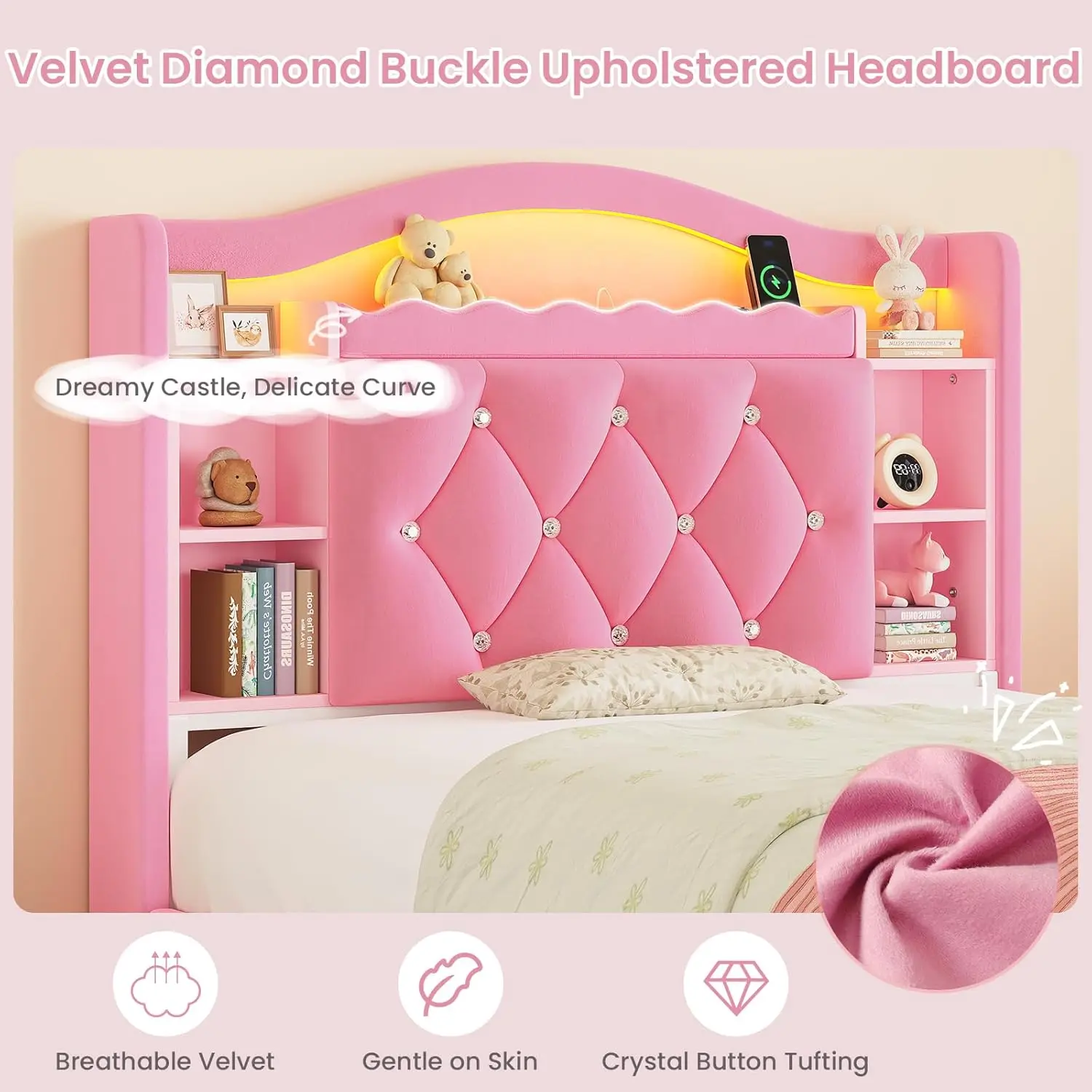 Cama de Solteiro para Meninas com Gavetas de Armazenamento, Cabeceira com Estante, Luzes LED e Tomadas Elétricas, Diamante, Personalizada