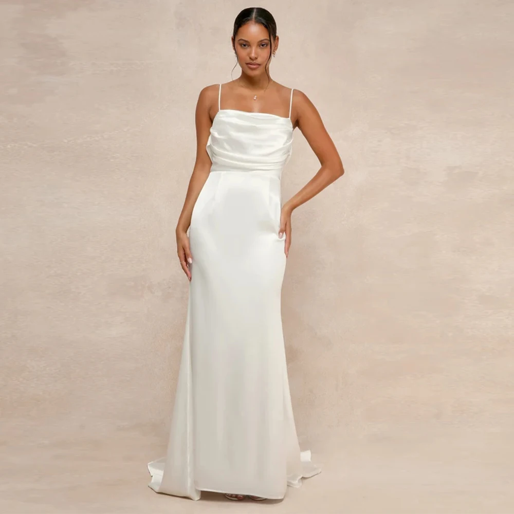 

Customized Simple Ivory Square Neck Satin Wedding Dress Button Back Prom Dress Elegant Spaghetti Strap Mermaid Party Dress