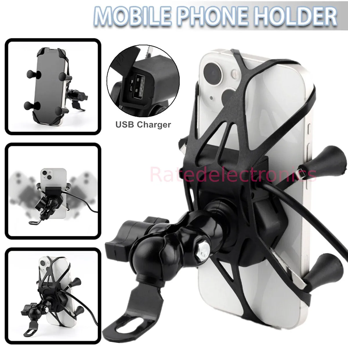Motorcycle Motorbike Phone GPS Mirror Bracket Holder Mounts USB Charger Port US