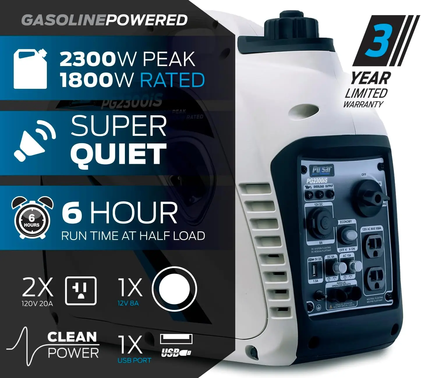 2,300W Portable Super Quiet Gas-Powered Inverter Generator with USB Outlet & Parallel Capability CARB Compliant