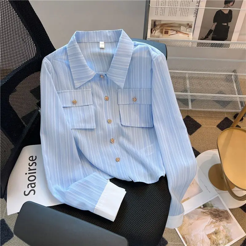 EBAIHUI Blue Stripe Women Shirt 2024 New French Ladies Blouse Thin Korean Small Fragrance Top Elegant Loose Long Sleeved Blusas