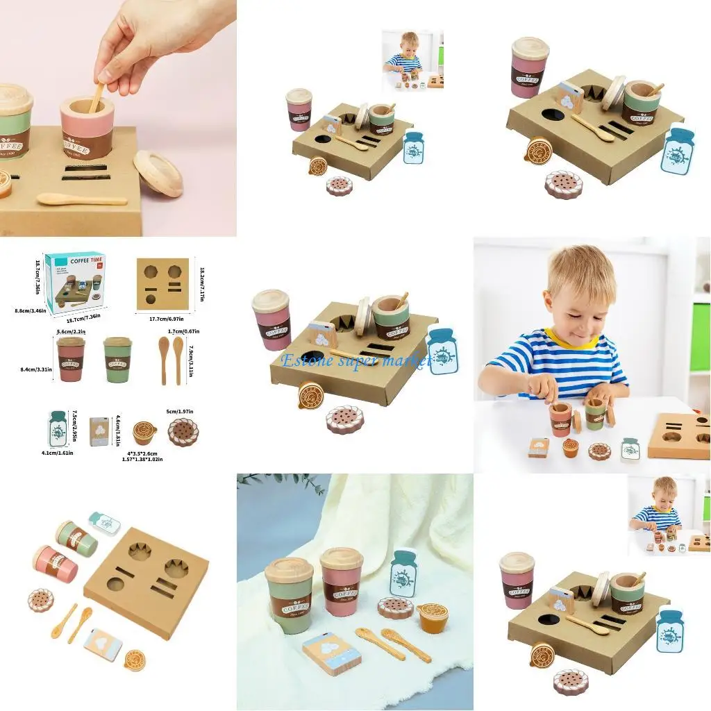

090B Wooden Coffee Set Pretend Play Toy For Children Encourages Hands On Creativity