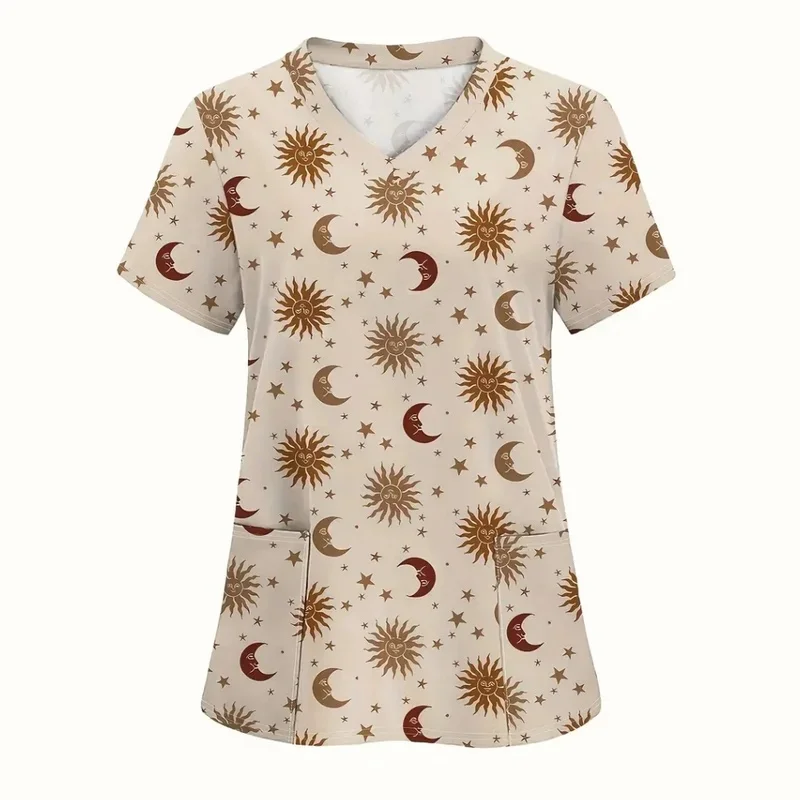 Damen-Krankenschwesteruniform mit Cartoon-Print, V-Ausschnitt, kurze Ärmel, Arbeitskleidung für Zahnarztpraxen, Schönheitssalons, medizinische Arbeitskleidung, stilvolle Klinikkleidung
