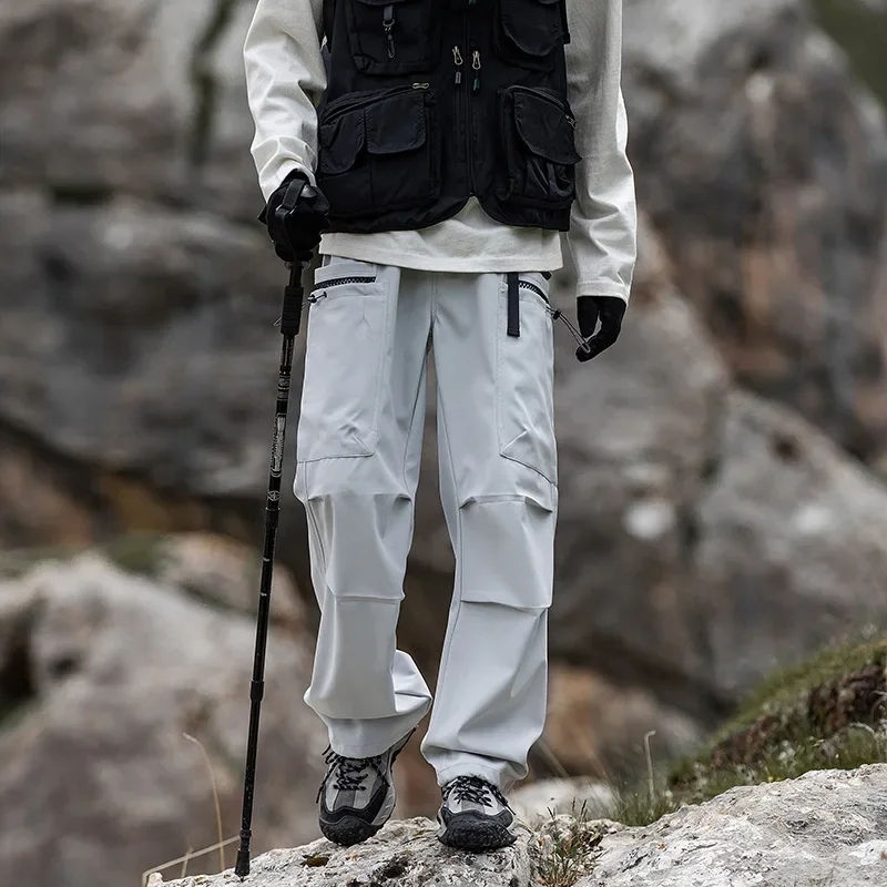 Men New  Ankle Length Pants Solid Cargo Pant Patchwork Spliced Casual Loose Fit Elastic Waist Pockets Pants Winter Slight Strech