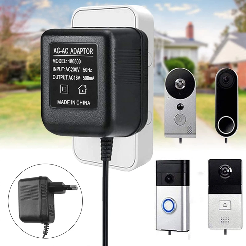 AC Doorbell Power Adapter, 18V 500MA Doorbell Transformer, 10M Cable, Compatible Ring Doorbell, Video Doorbell EU Plug