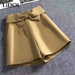 Spring Summer New Solid Color Zipper Bow Straight Trousers Women Loose Temperament High Waist Pockets Thin Style A-line Shorts