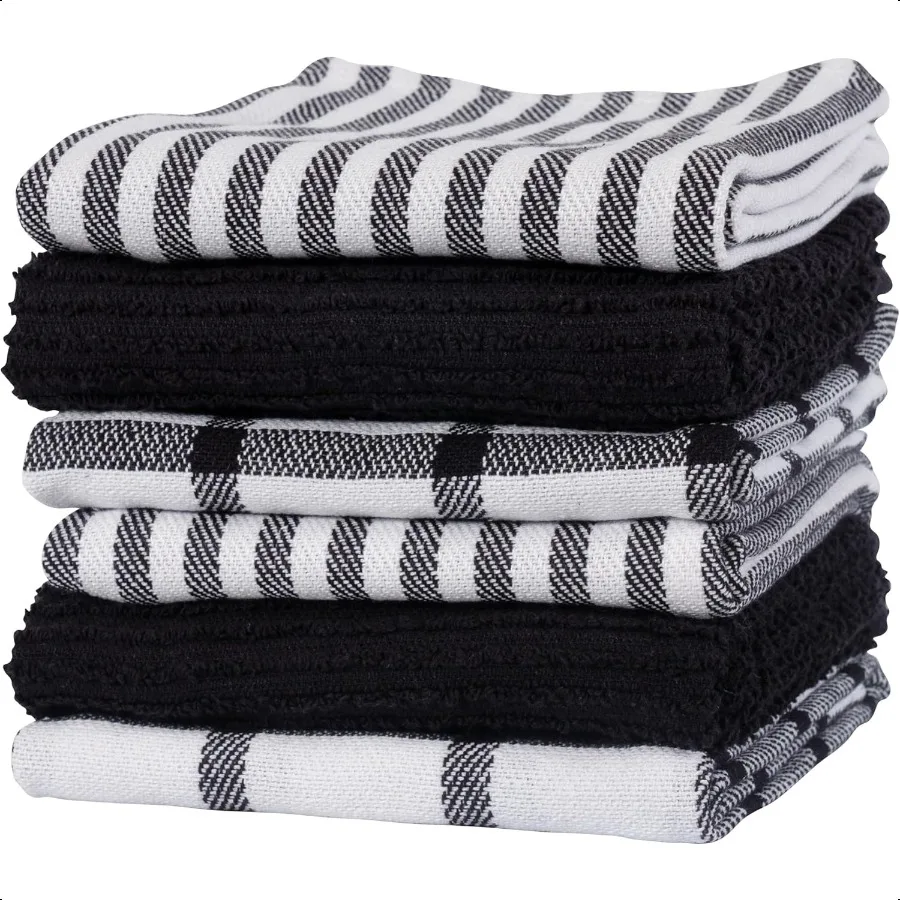 

Premium Kitchen Towels 18 x 28 Large 100 Cotton Flat Terry Absorbent Dish Towel Set (Black 6 Pack)
