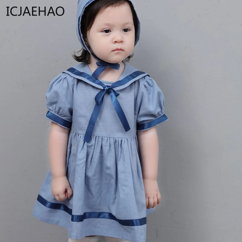 

ICJAEHAO 2024 Girl Dress Children's Princess Navy Style Ins College Style Outfit Cotton and Hemp Clothes New Spring Matching