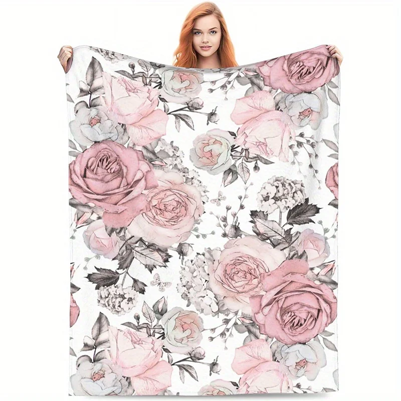 Soft Flannel Rose Pattern Blanket - Cozy, Warm, and Versatile for Couch, Bed, Office, and Travel - Perfect Gift for All Seasons