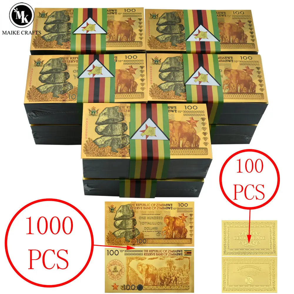 1000pc 17 Style Zimbabwe Gold Banknotes One Hundred Yottallion Dollars with UV Anti-Counterfeiting Logo Collection Business Gift