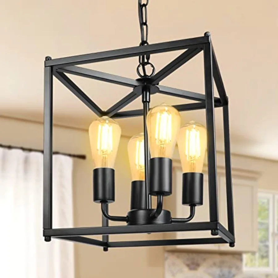 4-Light Black Farmhouse Chandelier, Iron Lantern Pendant Light Rustic Cage Adjustable Height, E26 Base Industrial Hanging Light - view 3