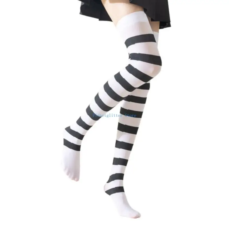 652B Women Japanese Striped Thigh High Stockings Anime Girl Cats Claw Print Over Knee Long Socks Cosplay Costume Hosiery