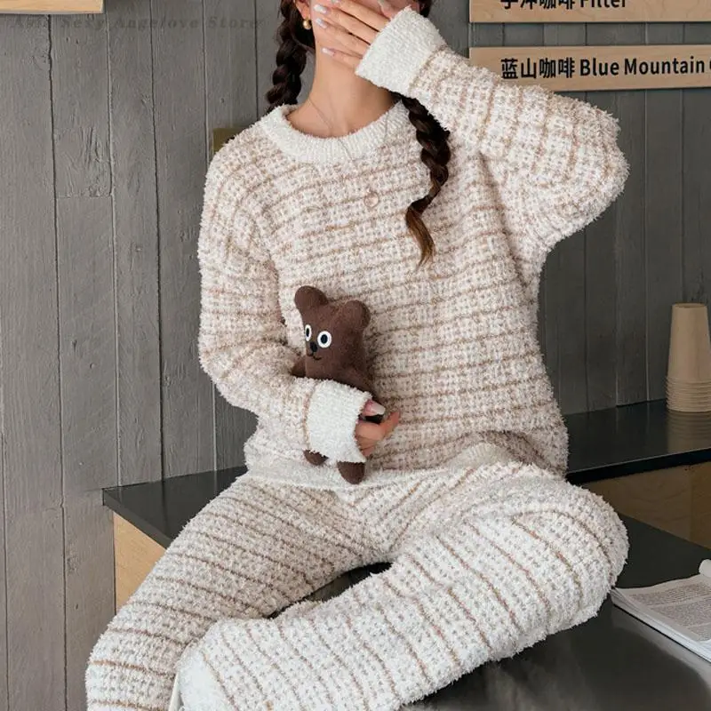 

Winter New Thick Flannel Women Pajamas Set Loungewear Loose Casual Checkered Home Clothes Nightwear Polar Fleece Warm Sleepwear