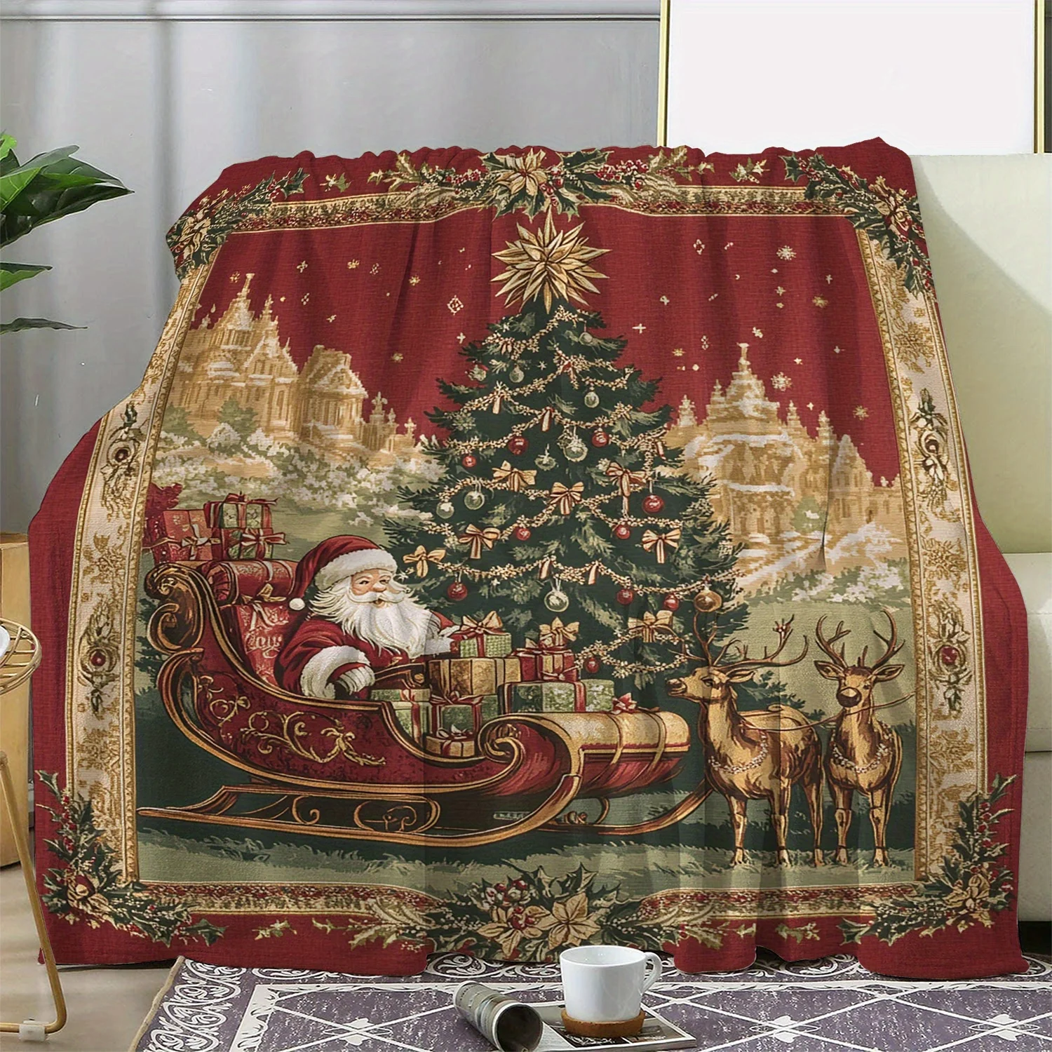 Vintage Weihnachts-Flanelldecke – Weihnachtsmann, Rentier und Baum |   Rotes Dekor, Ganzjahreskomfort, Schlafsofa, Reise-Weihnachtsgeschenk