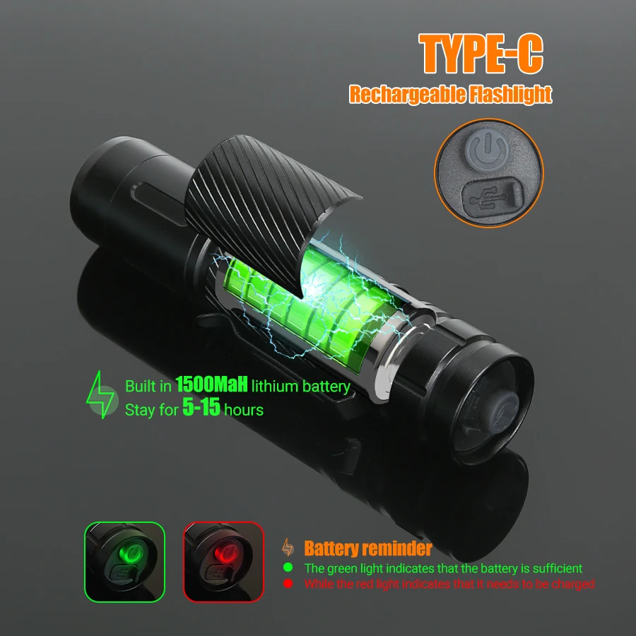 KDULIT SC8 800LM Powerful LED Flashlight Type-c Rechargeable EDC Tactical Torch 1500Mah Battery Outdoor Camping Fishing Lantern