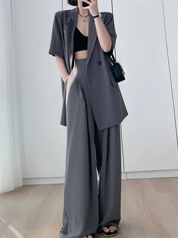 

Short Sleeve Wide Leg Pants Blazer Suit Summer New Fashion Work Business Casual Female Clothes Two Piece Set