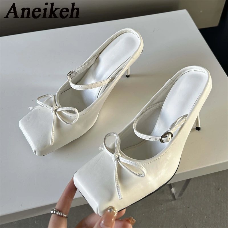 Aneikeh Sexy Square head Thin Heels Wedding Banquet Dress Mule Ladies Shoes 2024 Designer Bowknot Buckle Strap Pumps Women