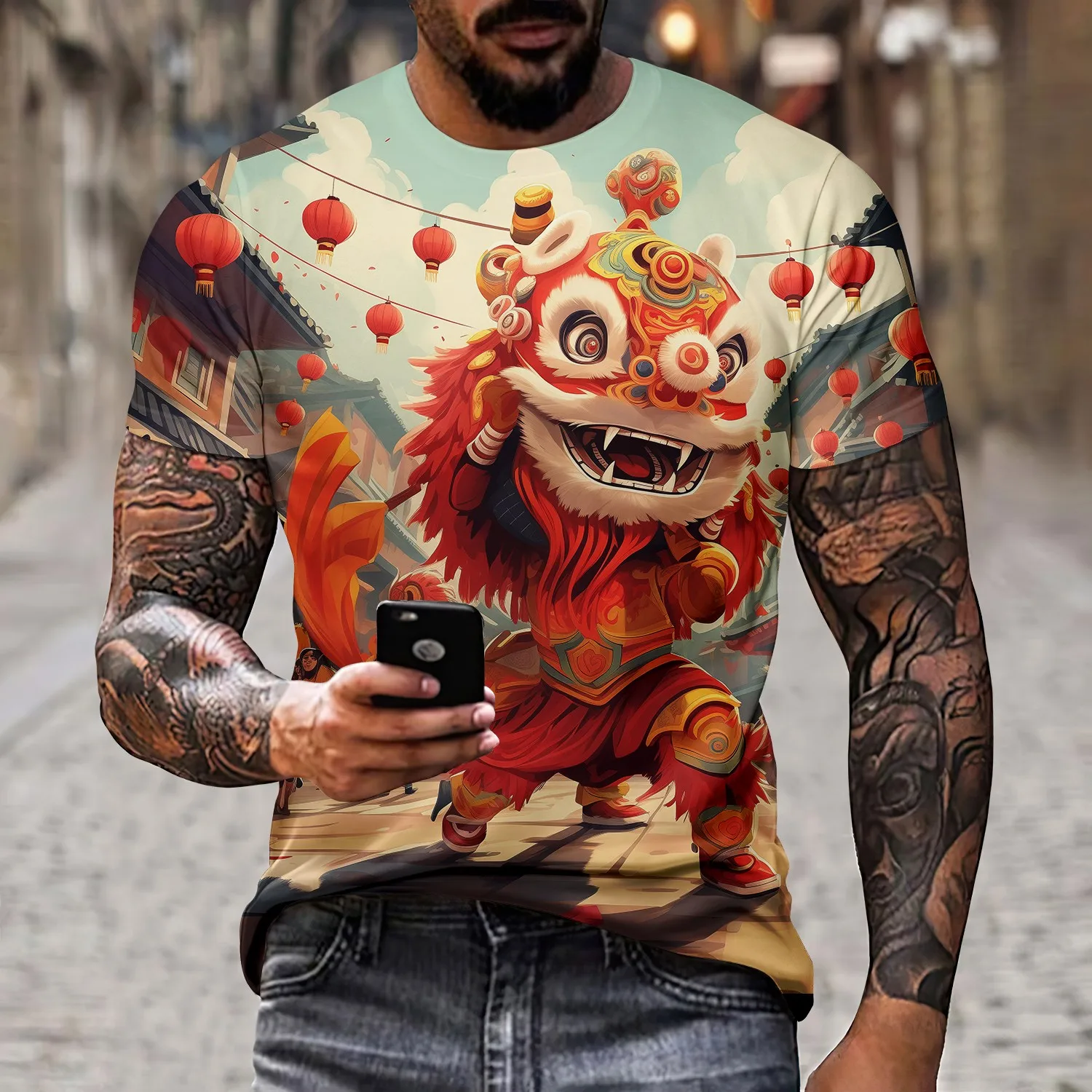 Men\'s T-shirt with 3D dragon and lion print novel Chinese style short sleeved couple fashion top street clothing birthday gift