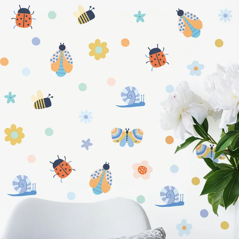 4pcs Floral Insect Cartoon Wall Sticker for Kids' Bedrooms Self-Adhesive PVC Stickers for Nursery & Living Room Wall Decor