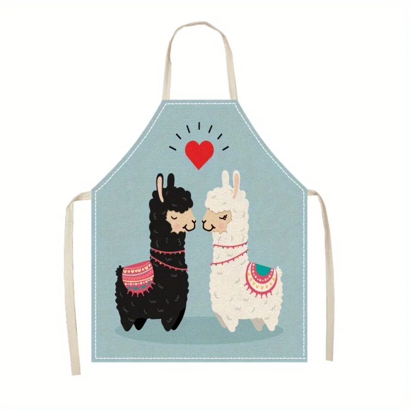 1pc Llama Love Apron Linen Cotton Kitchen Baking Painting Animal Gift For Women Men Kids Home Decor Funny Farm Animal
