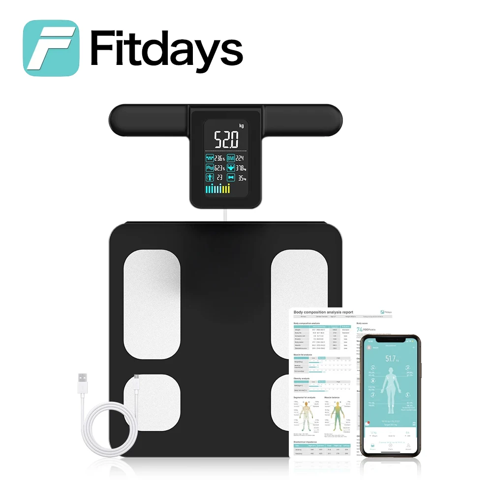 Fitdays 8-Elektroden-Körperfettwaage, digitale Badezimmerwaage mit 8 Elektroden für Körpergewicht und Fett, BMI, Muskelmasse 28 Körperindex