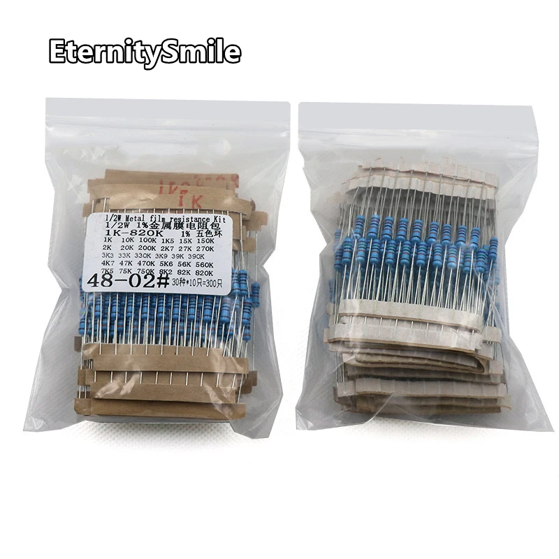 

1Pack 300Pcs 1K-820K Ohm 1/2W 1% Resistance 1% Metal Film Resistor Resistance Assortment Kit Set 30 Kinds Each 10pcs