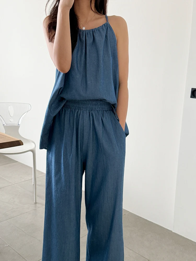 

Women's Casual Strap Vest Set Elastic Waist Long Pants Outfit Loose Straight Leggings with Ba Hollow out Knot Design
