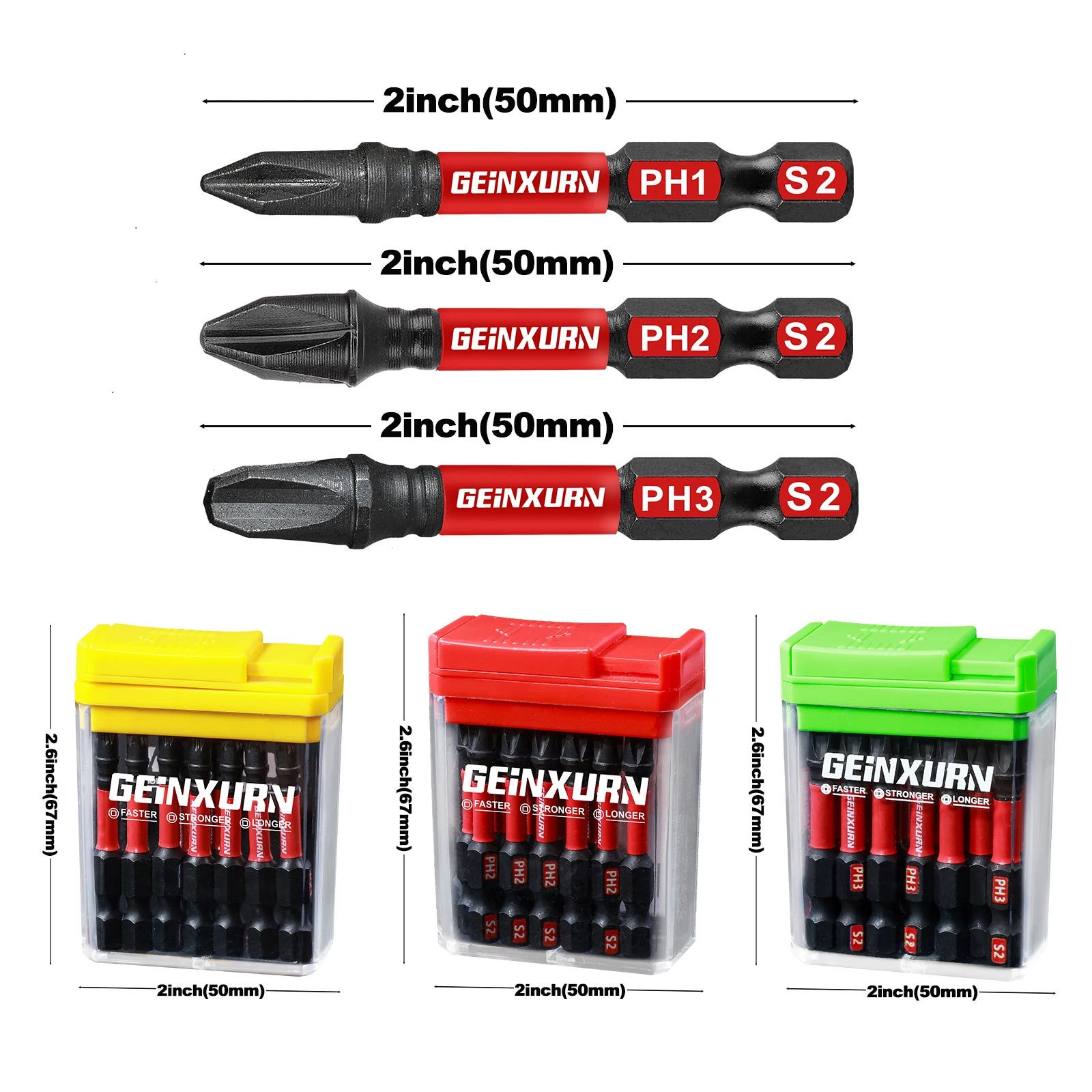 Geinxurn 15Pcs Impact Phillips Screwdriver Bits Set, S2 Steel Multi Driver Bits with Storage Colorful Box (Red,Green,Yellow)