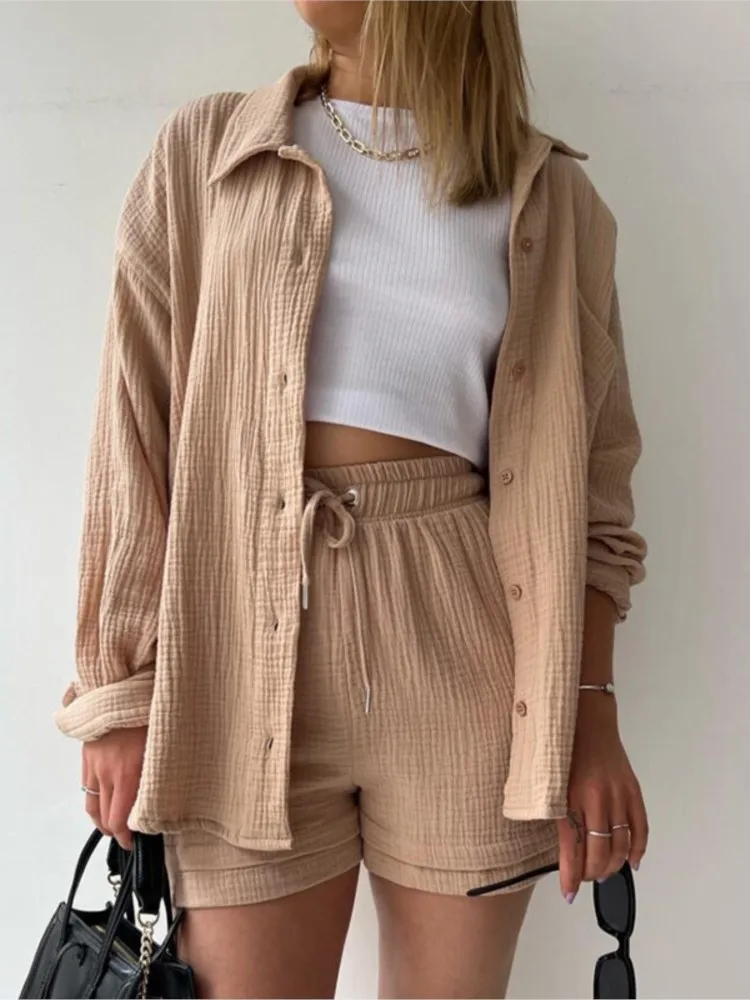 New In Matching Sets Women Pleated Turn-down Neck Sleep Two Piece Set High Waist Drawstring Casual Button Outfits Shorts Sets