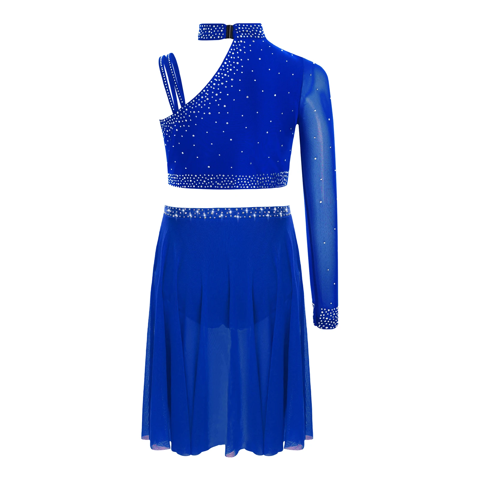 Kids Girls Lyrical Ballet Dance Outfit Sparkly Rhinestones Irregular Shoulder Crop Top + Sheer Mesh Skirt Figure Skating Dress